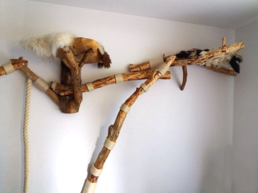 Mit einem Wandkratzbaum lässt sich auch mit wenig Platzbedarf ein Kletterparadies für Katzen einrichten. Wandkratzbaum aus Natur Holz mit zwei Liegeflächen und zusätzlichen Kletterästen
